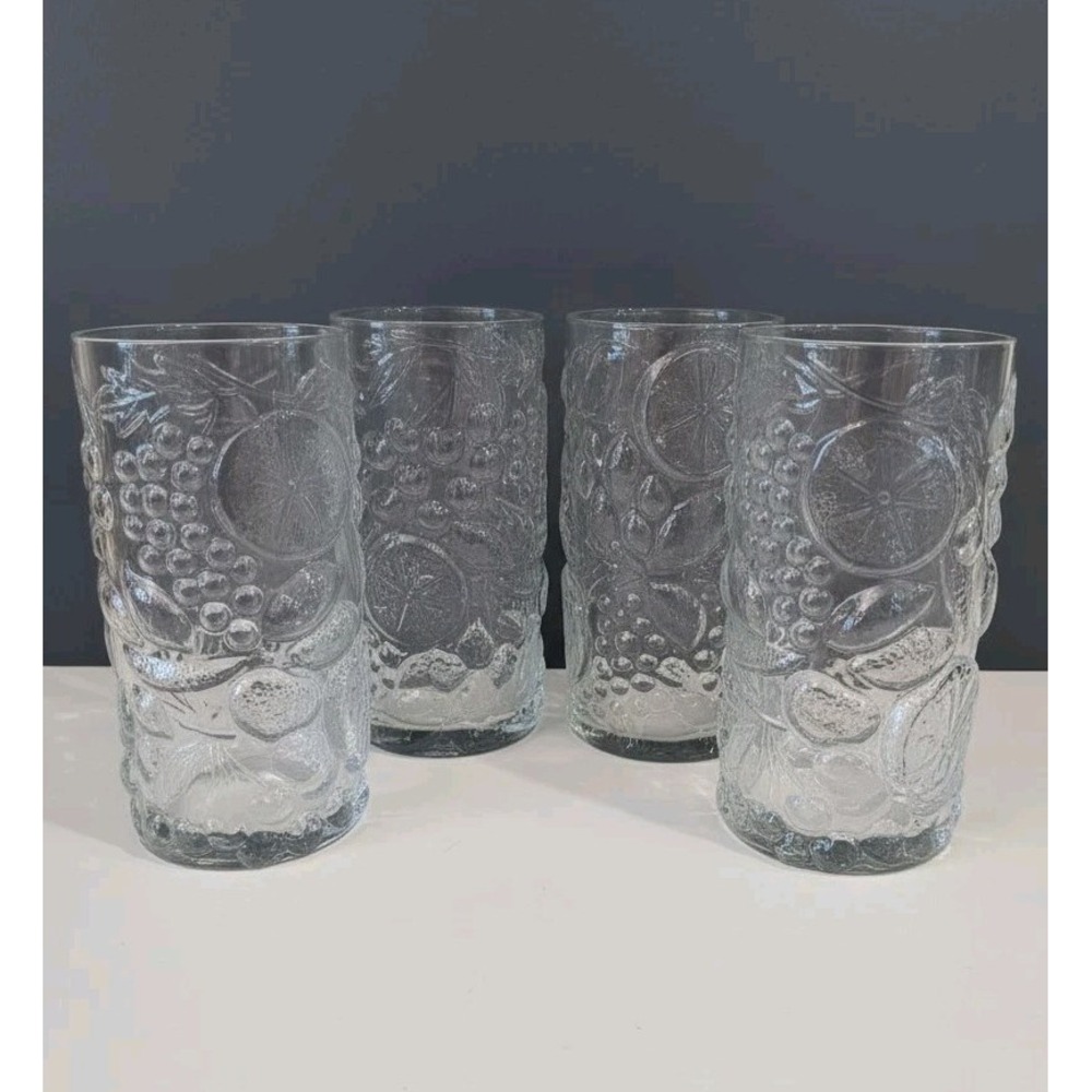 (4) VTG MCM Clear Pressed Glass Tumber Glass Set Fruit Pattern 20 OZ Cottagecore